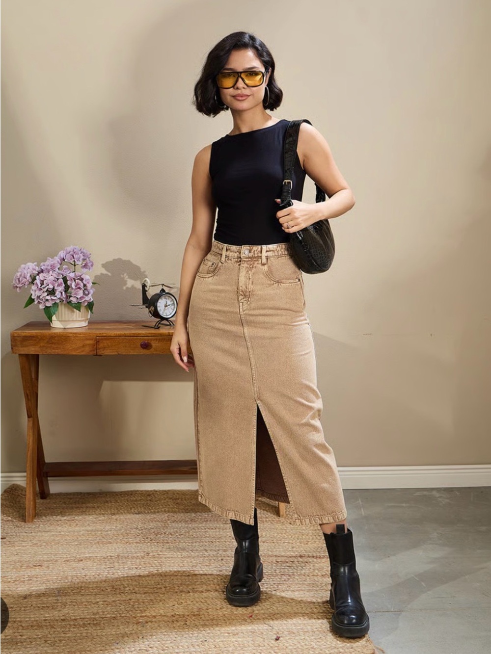 a.n.a Beige Tan Maxi Skirt with Front Slit